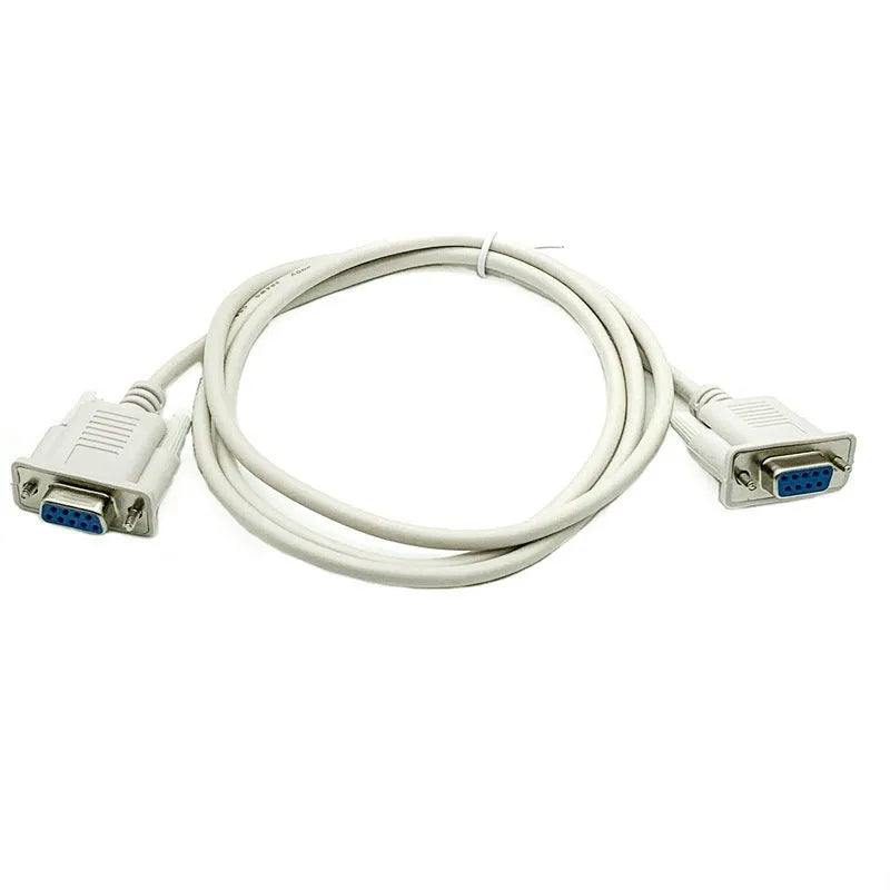 Milky white female-to-female DB9 serial cable with cross-wired RS232 configuration measuring 1.5 metres