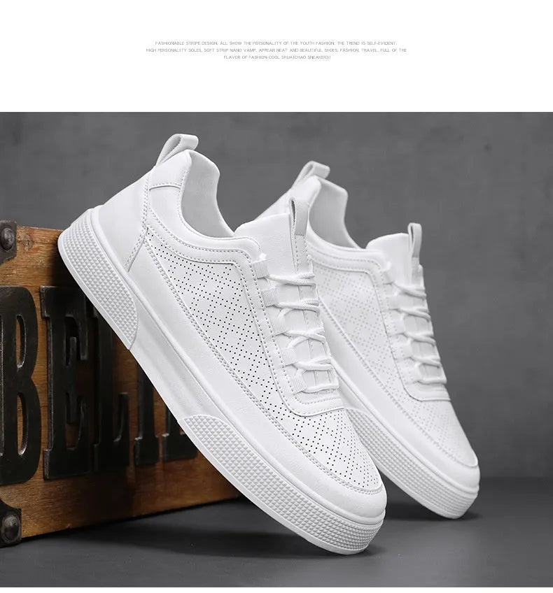 Thick bottom board shoes in white, lace-up low-top casual sneaker with round toe and flat heel, sizes 39-46.