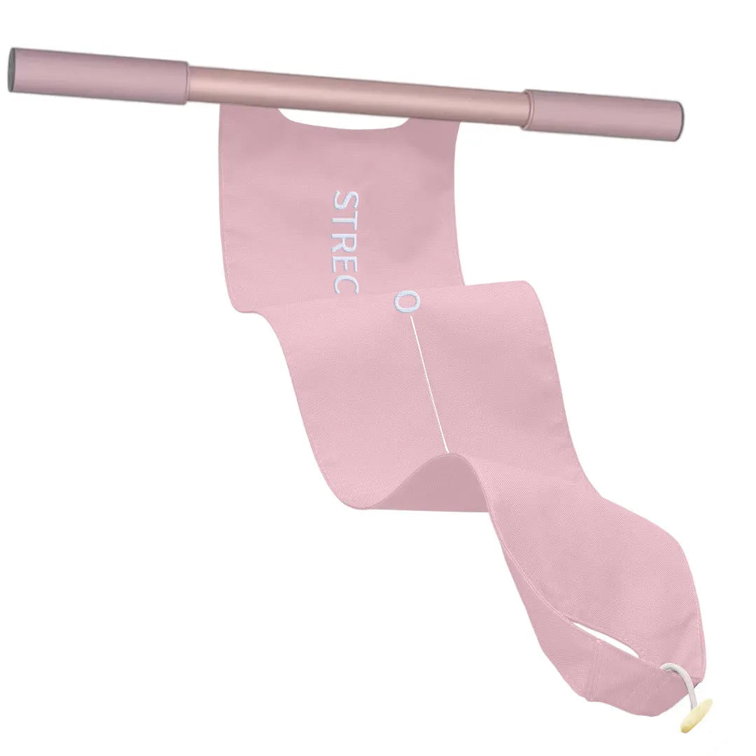 Grey or pink yoga stretching tool for shoulder, back, and hip flexibility exercises.
