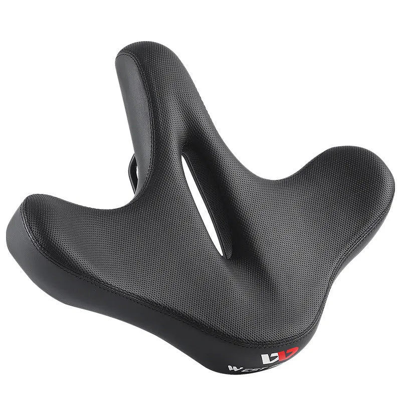Black leather bicycle saddle cushion with polyurethane foam padding shown on a bicycle seat