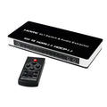 Black HDMI audio switch with 4 input ports and 1 output port, remote control and power adapter