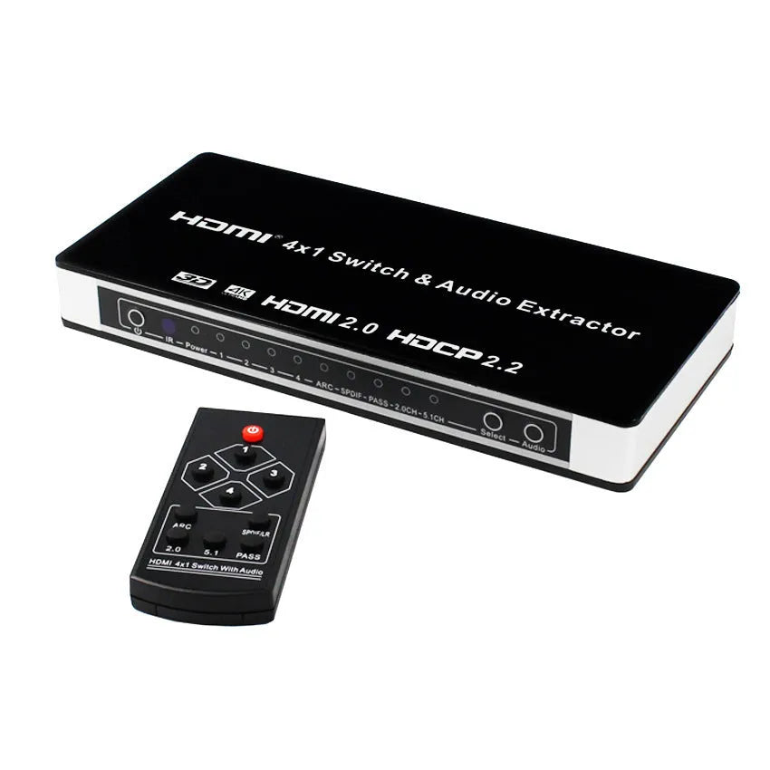 Black HDMI audio switch with 4 input ports and 1 output port, remote control and power adapter