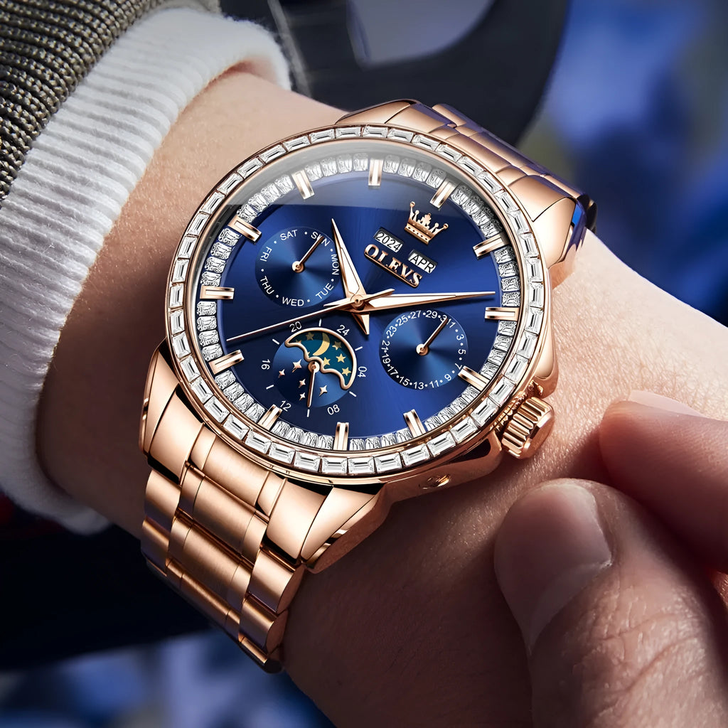 Men's stainless steel automatic mechanical watch with diamond hour markers and transparent case back