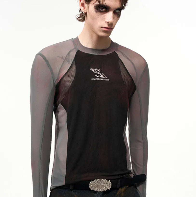 Tight mesh stitching long sleeve top with round neck in picture colour, available in sizes M to XXL