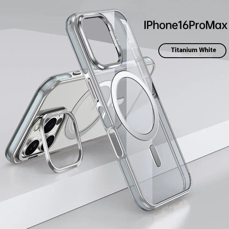 Transparent electroplated iPhone case with metal bracket and airbag corners, in Titanium Black
