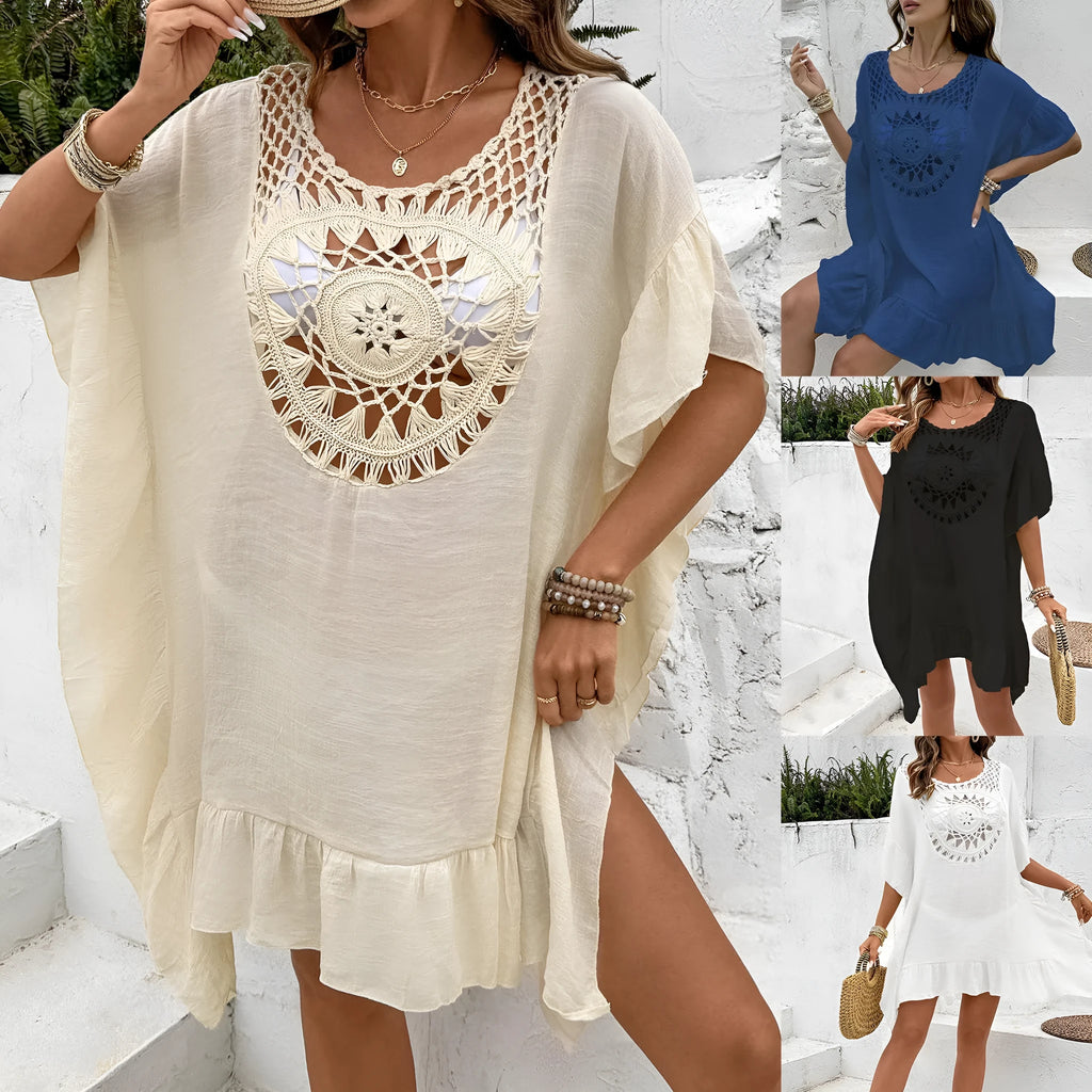 Textured crochet-style patchwork skirt dress in slubbed fabric shown as a beach cover-up.