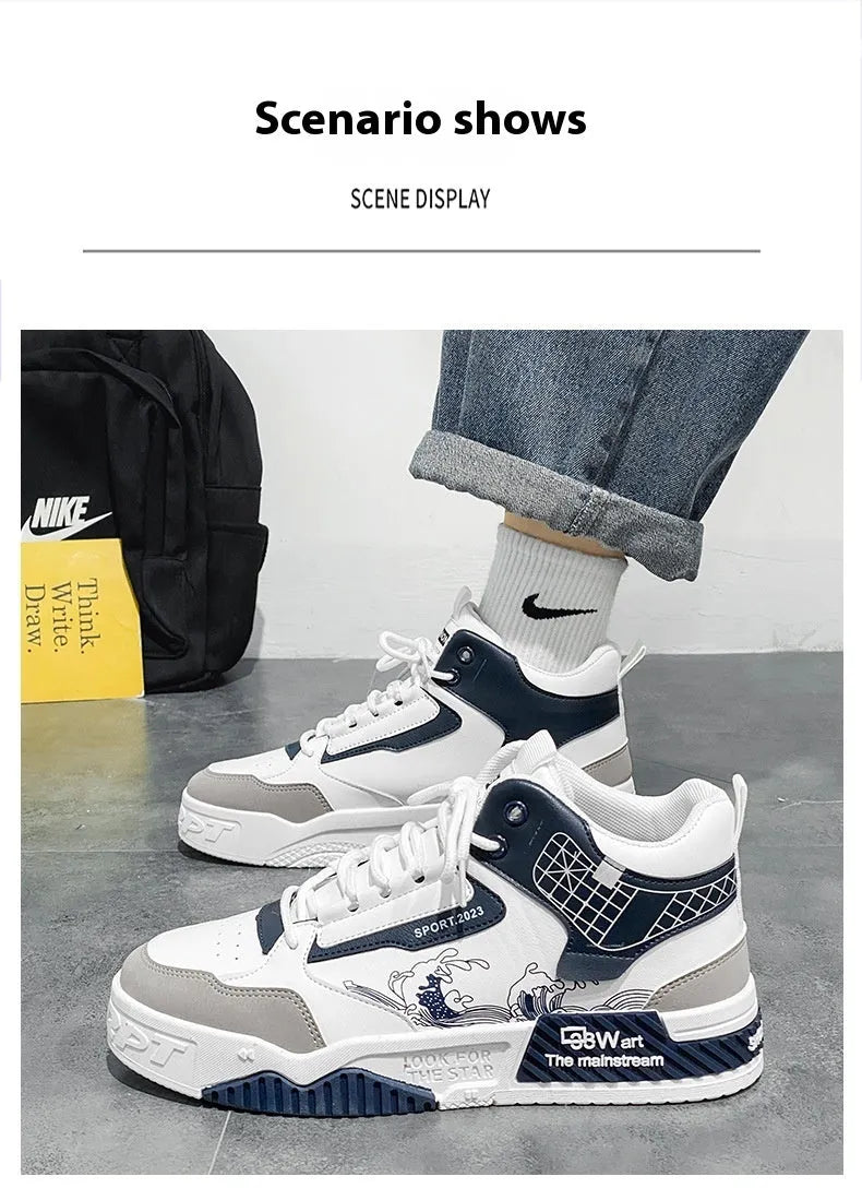 Men's increased height board shoes in beige, white, or blue with rubber soles and mesh lining
