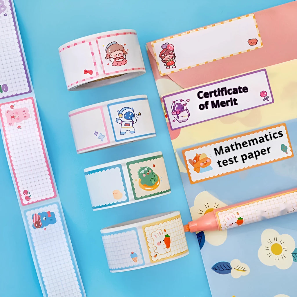 Roll of colourful cartoon stickers showing Dinosaur, Astronaut, Rabbit, and Girl design options