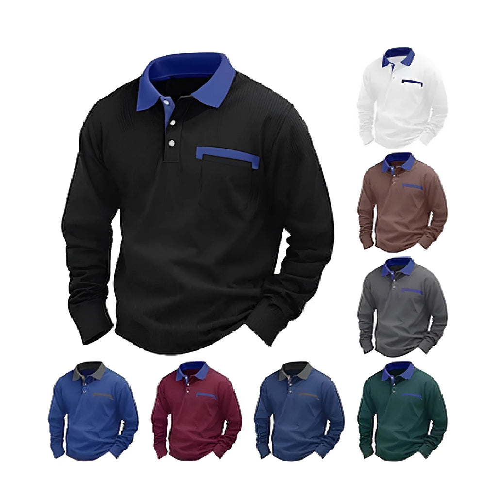 Men's loose-fit waffle knit polo shirt in polyester showing American retro styling and asymmetric details