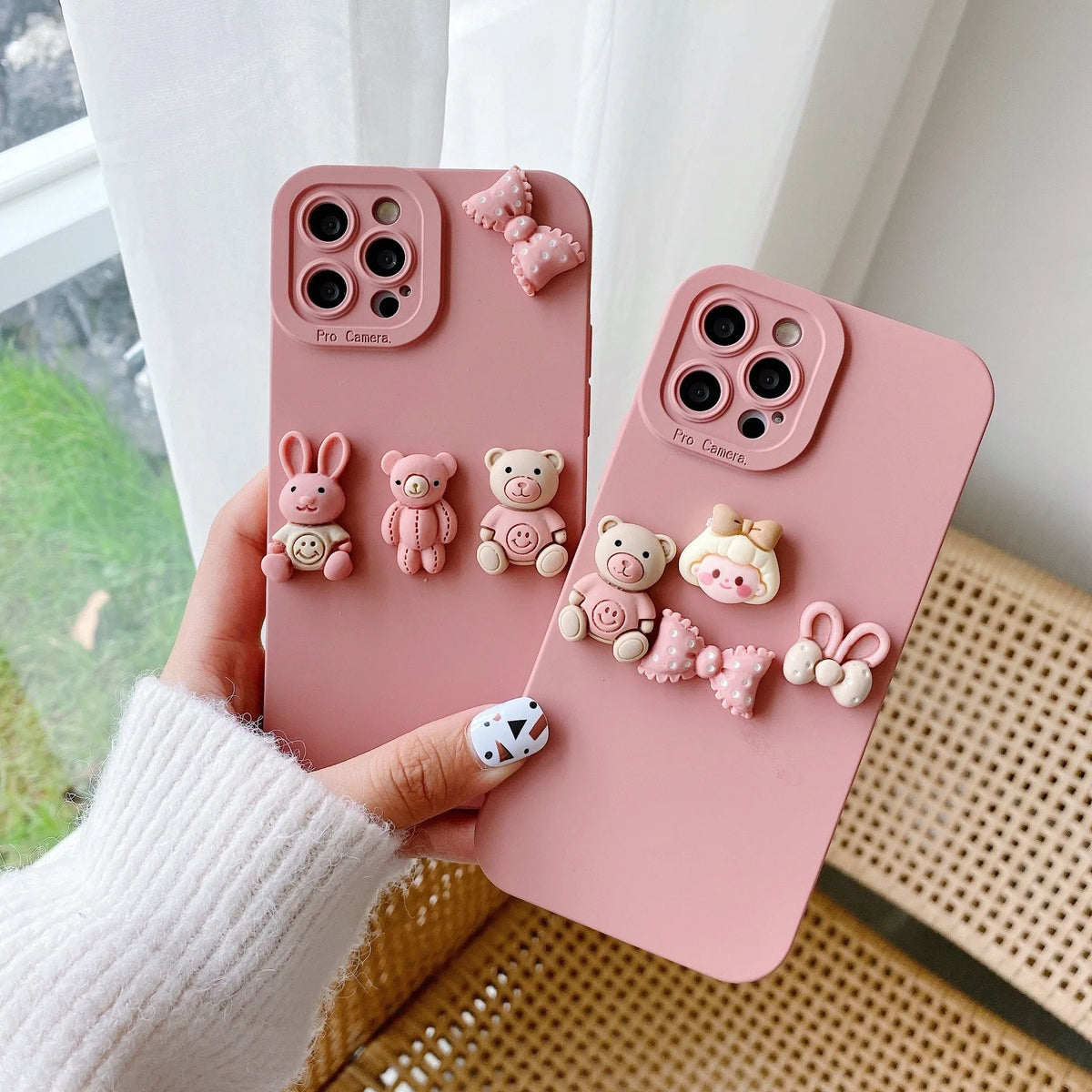 Women's decorative iPhone case with a raised 3D doll bear design in TPU material, shown in Butterfly Bear and Girl Bow colours.