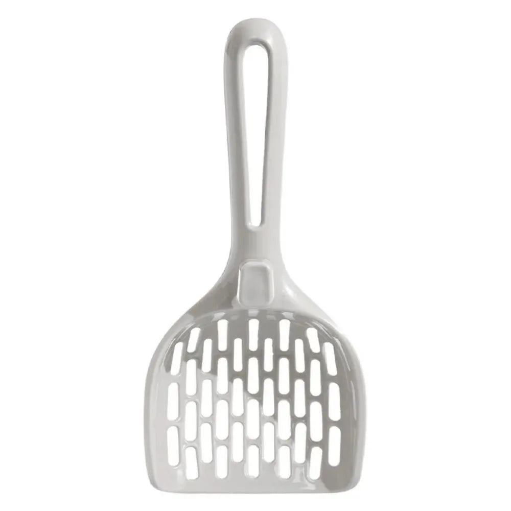 Grey plastic cat litter scoop with attached base for cleaner waste removal