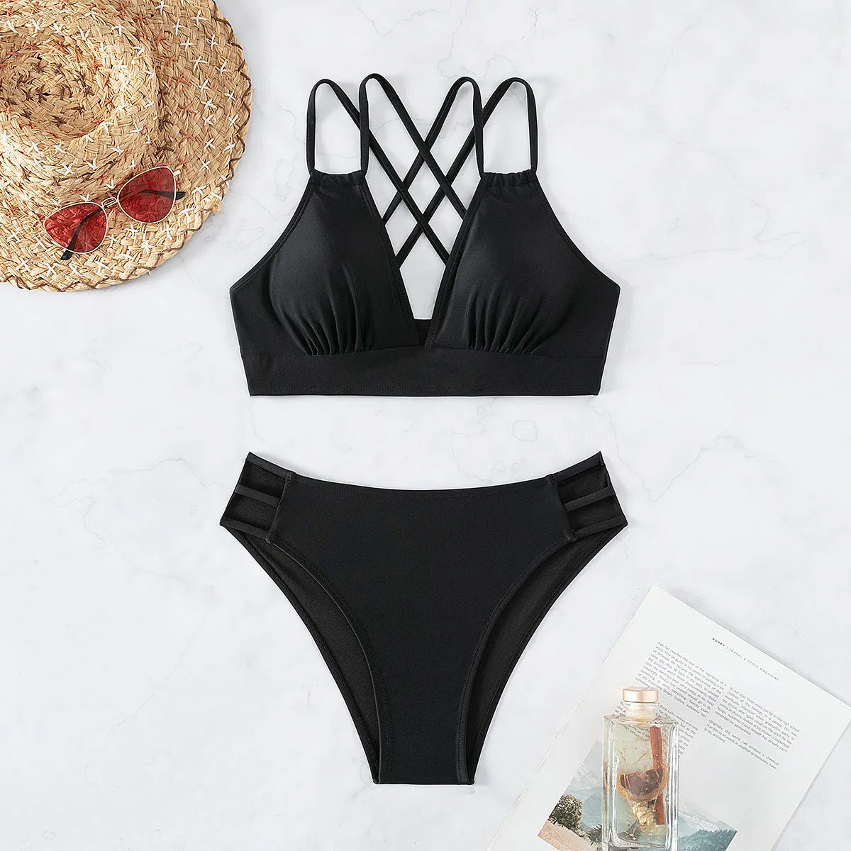 V-neck halter bikini split swimsuit in nylon with sleeveless design and asian sizing options for adult females