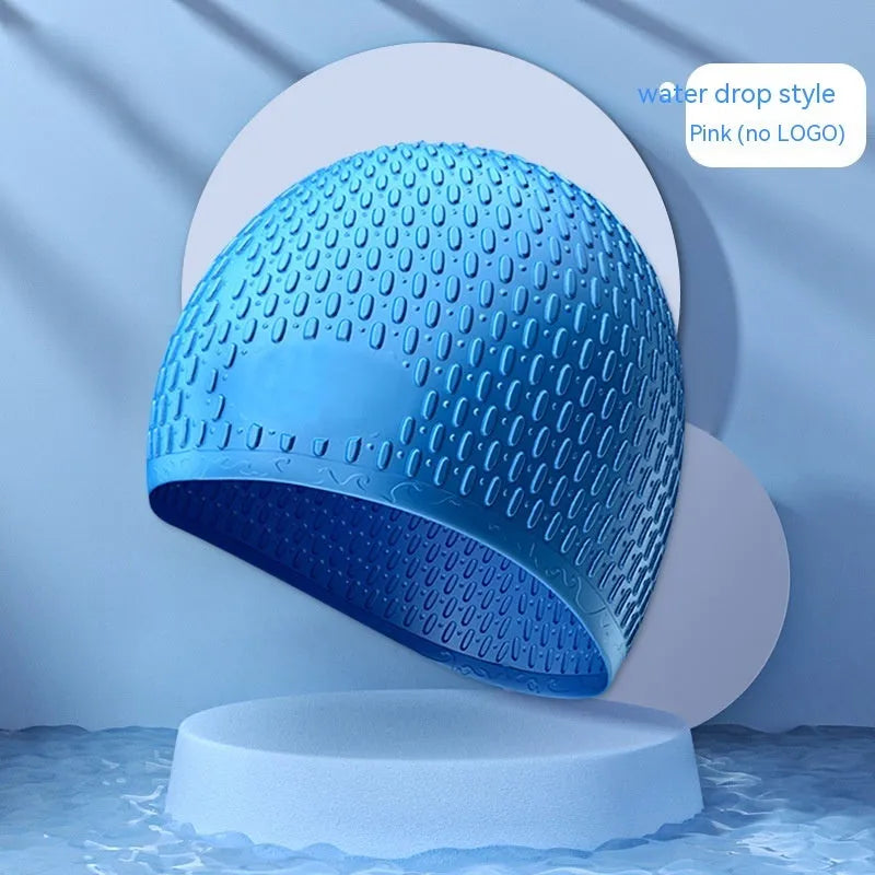 Adult solid colour silicone swimming cap with water drop design shown in multiple colour options.