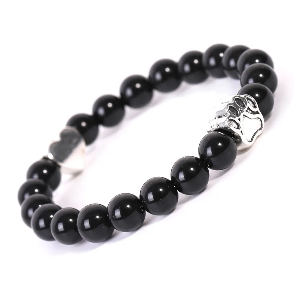 Polished tigereye and Indian agate bracelet with a geometric dog's paw design and love heart charm.