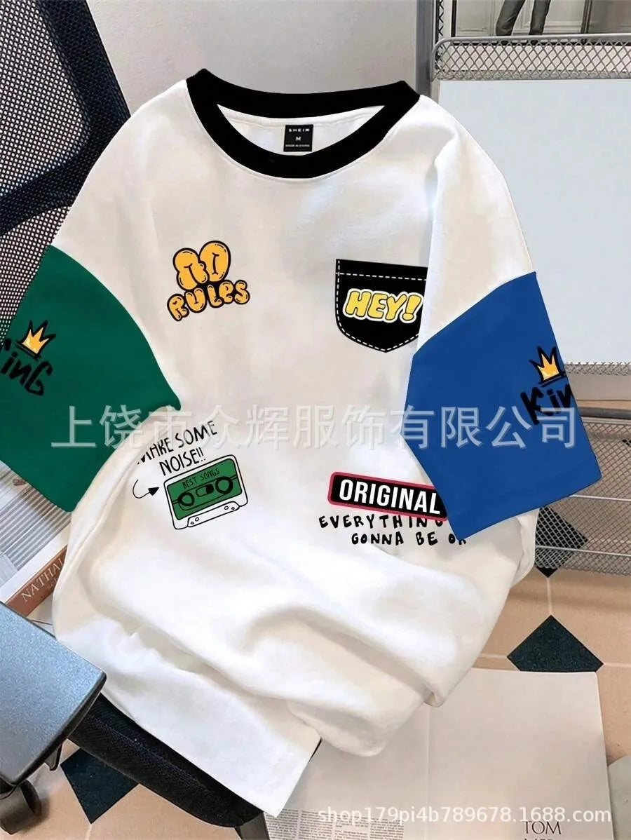 Men's printed casual t-shirt in polyester with letter pattern design and loose fit styling