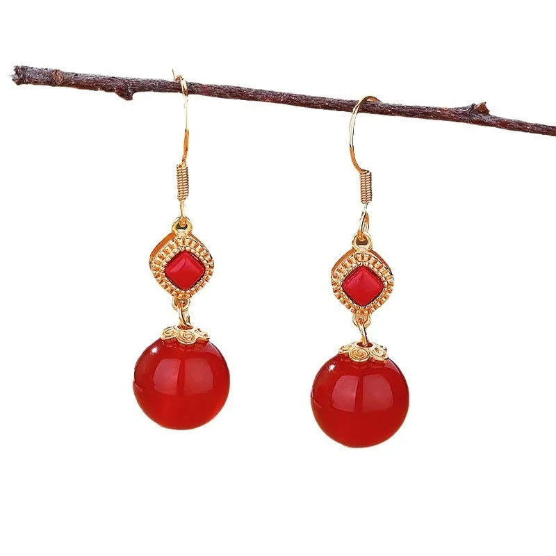 Geometric agate earrings with Southern Red Agate round beads and S925 silver inlaid jasper details