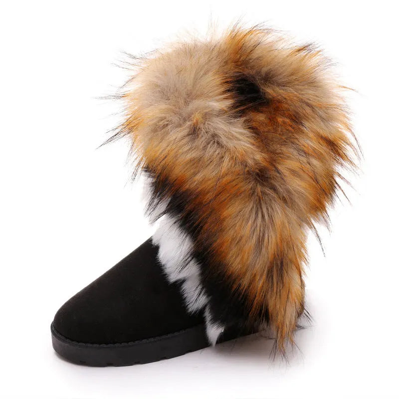 Winter snow boots with suede upper, rubber sole, artificial wool insole, and fluffy fox fur cuff, sizes 36-42.