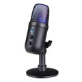 Black USB desktop microphone with RGB lighting for streaming and gaming.