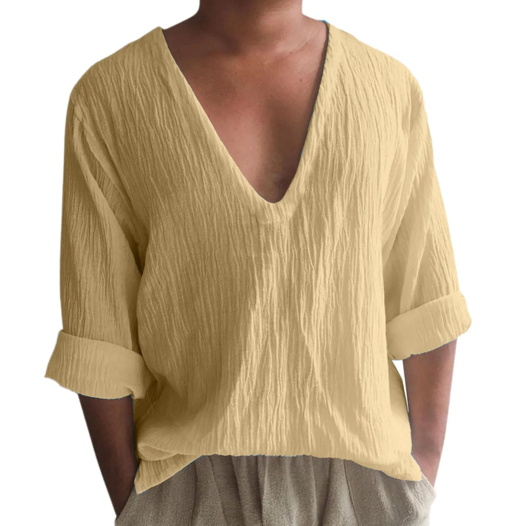 Men's long sleeve V-neck T-shirt in washed cotton and linen blend, solid colour options on hanger.