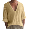Men's long sleeve V-neck T-shirt in washed cotton and linen blend, solid colour options on hanger.
