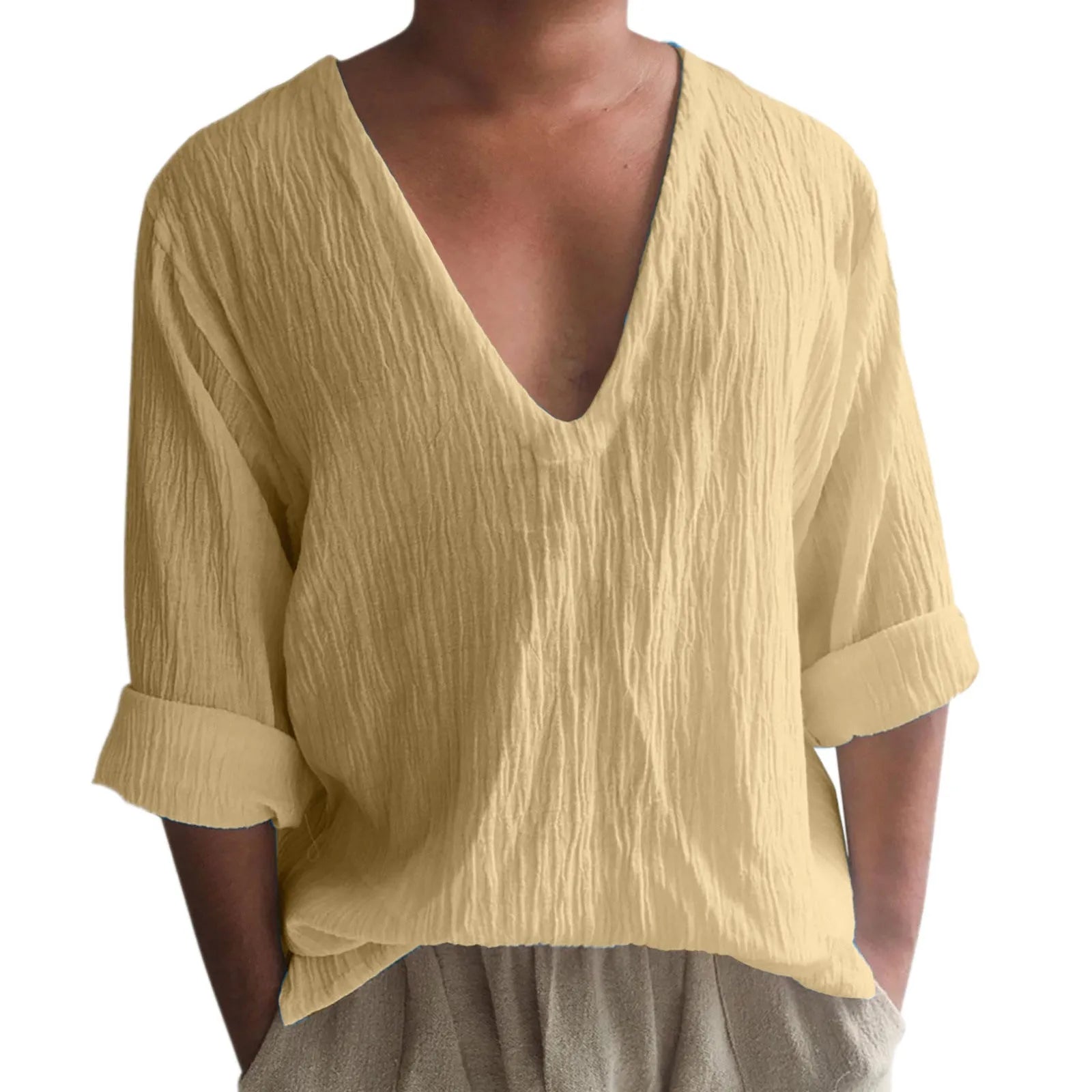 Men's long sleeve V-neck T-shirt in washed cotton and linen blend, solid colour options on hanger.