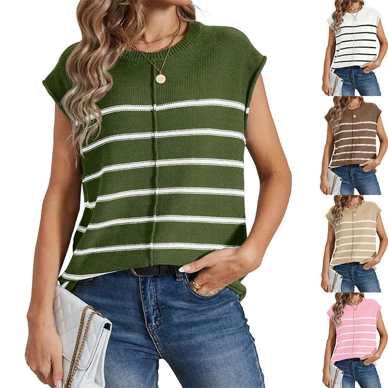 Women's striped sleeveless vest pullover top in acrylic fabric on a hanger