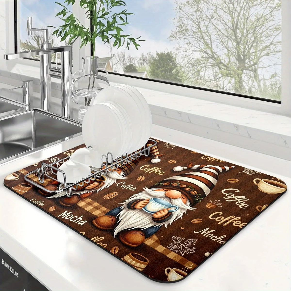 PVC kitchen countertop draining pad in square shape for coffee maker and mug, K Coffee Time colour
