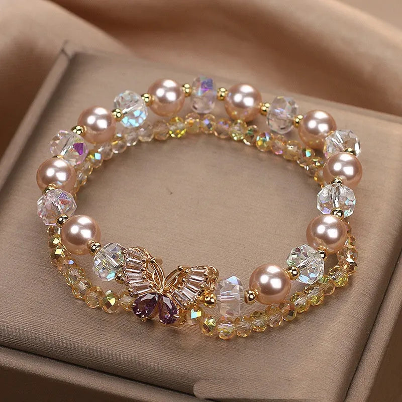 Light yellow artificial crystal butterfly bracelet for women, original design travel gift