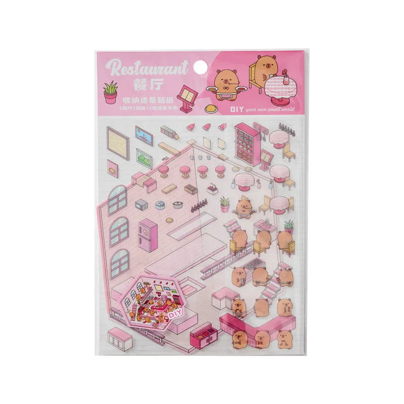 Capabala cartoon landscape 3D sticker sheet showing pre-cut self-adhesive shop scenes.