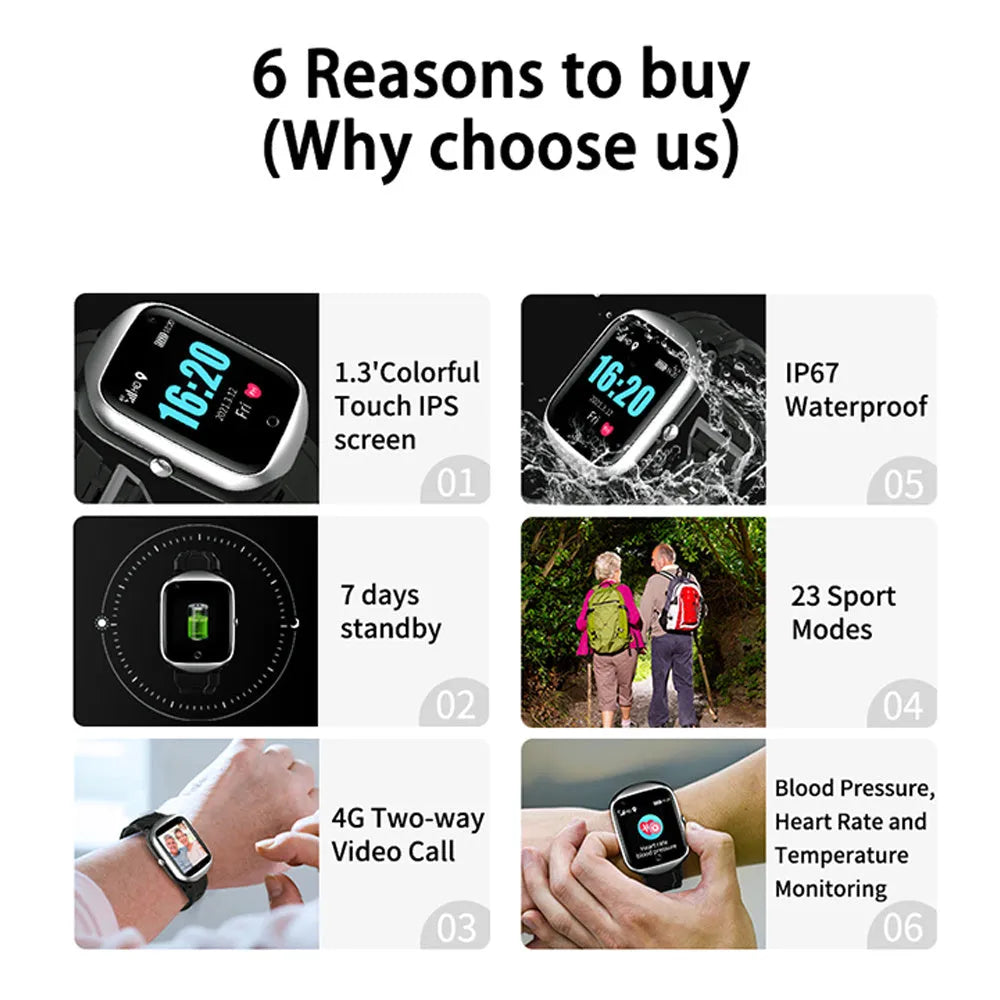 Intelligent positioning phone watch for elderly with square screen and silicone strap in black blue silver