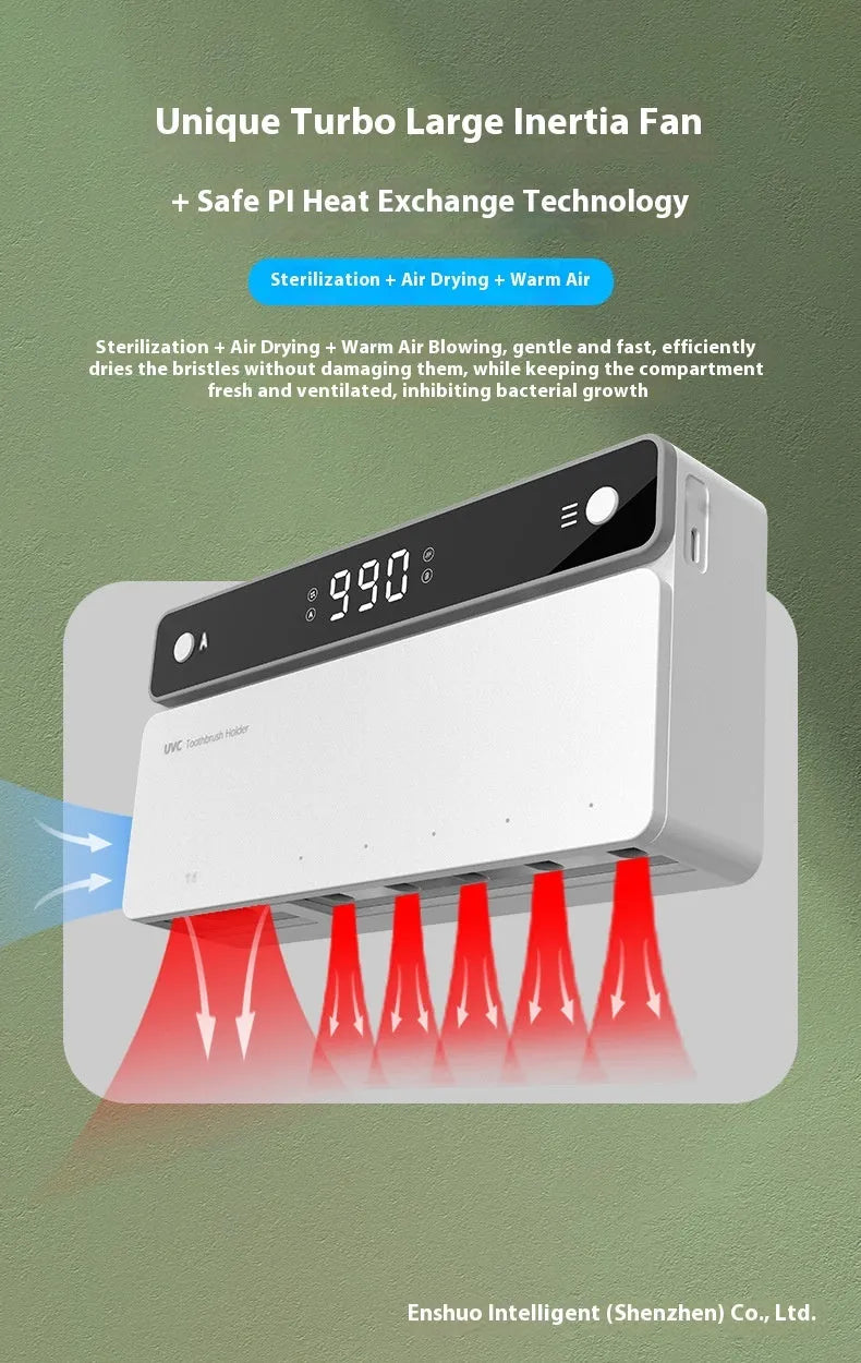 Black wall-mounted toothbrush sterilizer with UV disinfection, automatic drying, and drill-free 3M adhesive fitting
