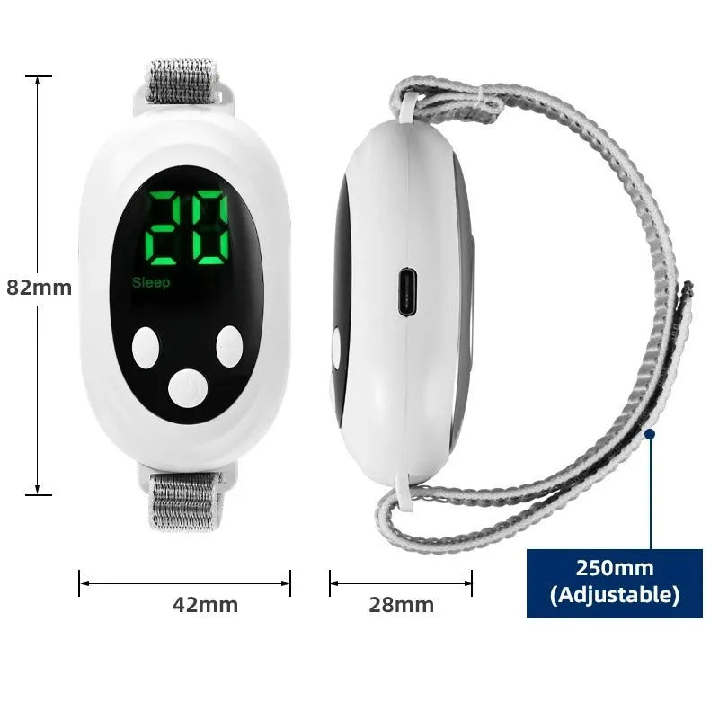 White handheld remote control sleep aid device with attached charging cable and wearable wrist bracelet.