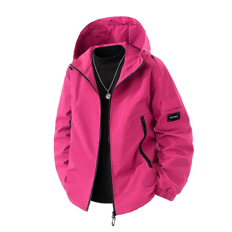 Brand loose cargo windproof jacket in black polyester, cardigan style, size M, with zip front and pocket details