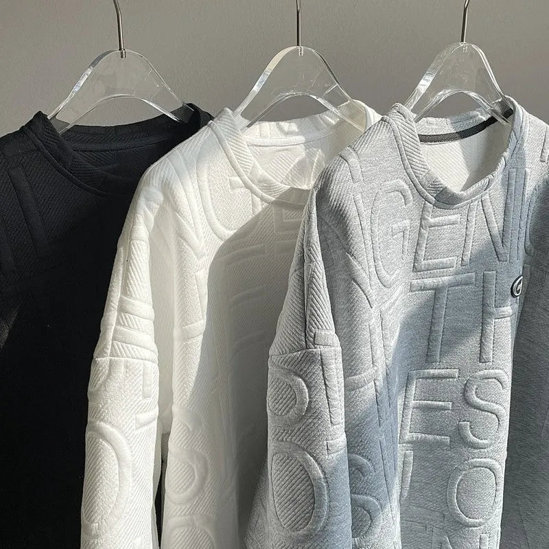 Men's grey loose fit short sleeve t-shirt with a raised white retro letter pattern on the chest.