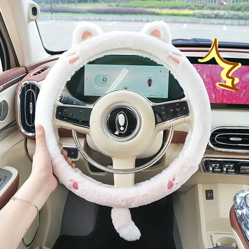 Plush cartoon animal embroidered steering wheel cover with rabbit fur, for winter.