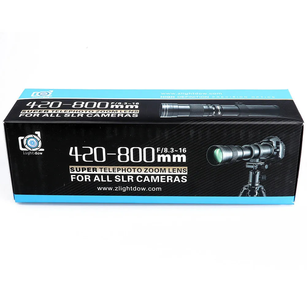 Manual 420-800mm telephoto zoom lens adapter with extended barrel and T-port ring.