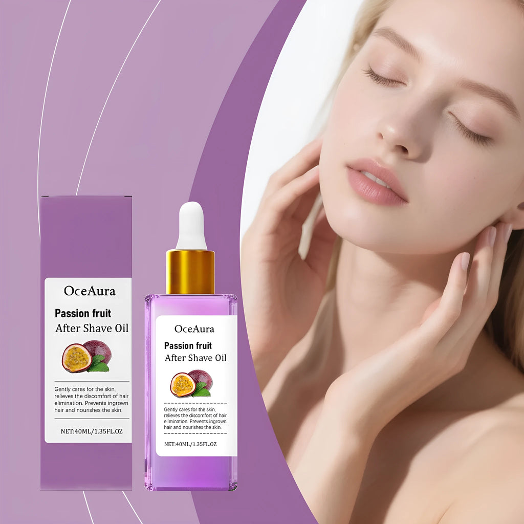 Pogonotomy after nourishing hydrating treatment oil with passion fruit in a 40ml bottle for facial hair care