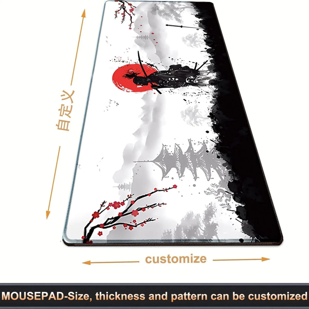 Japanese samurai artwork printed on a large black cloth gaming mouse pad on a wooden desk.