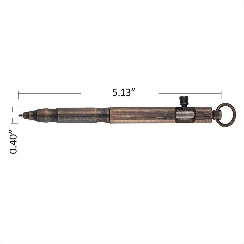 Brass machine gun tactical pen with hexagonal bolt design showing brass natural colour finish