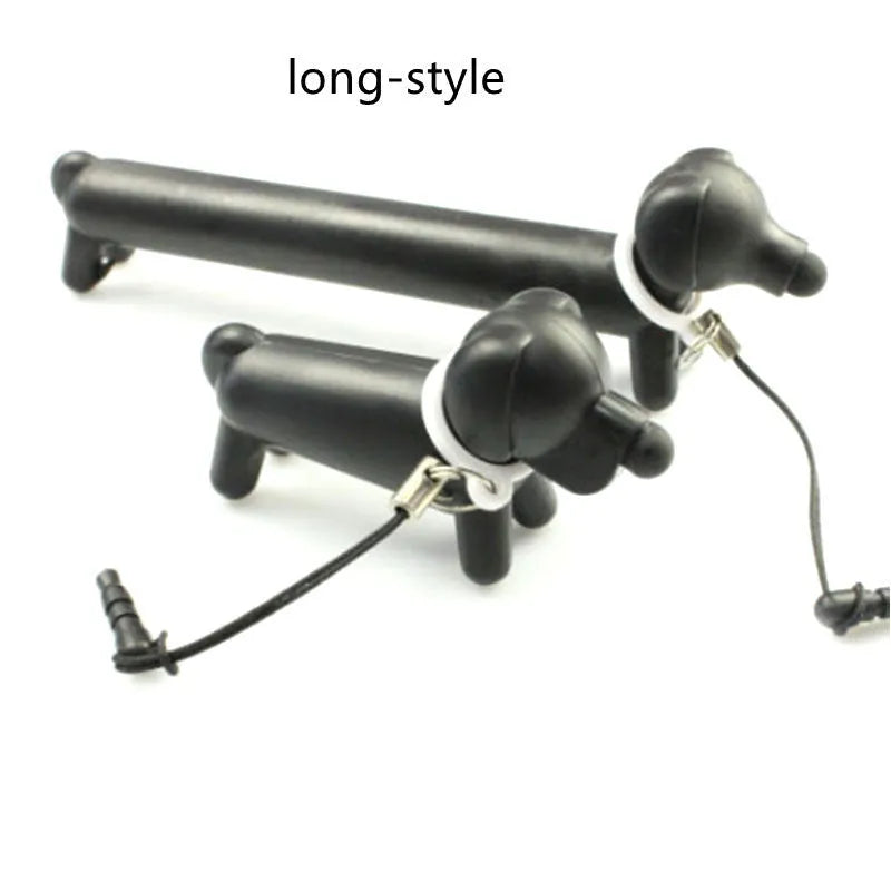 Black puppy-shaped touch screen stylus pen shown in dual-length positions with phone holder function