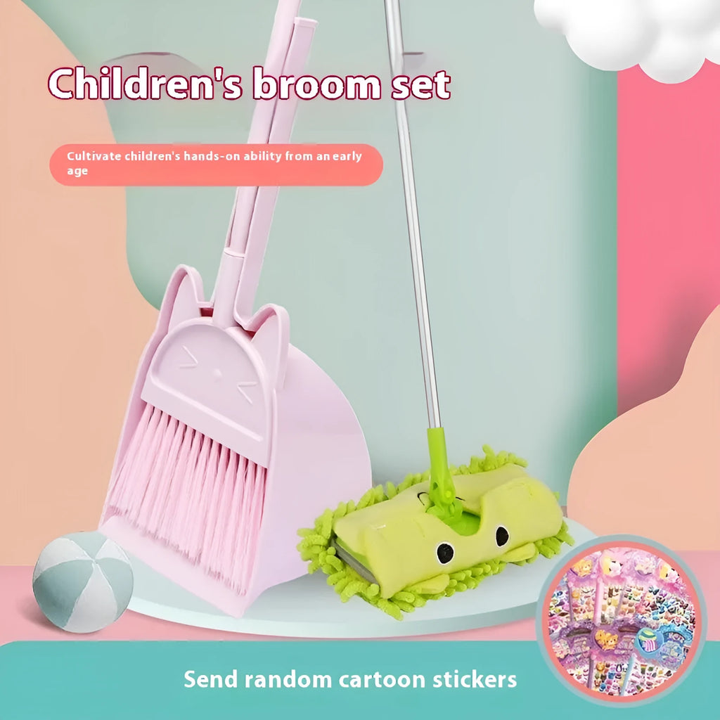 Purple broom and dustpan set with rotating brush holder on white background