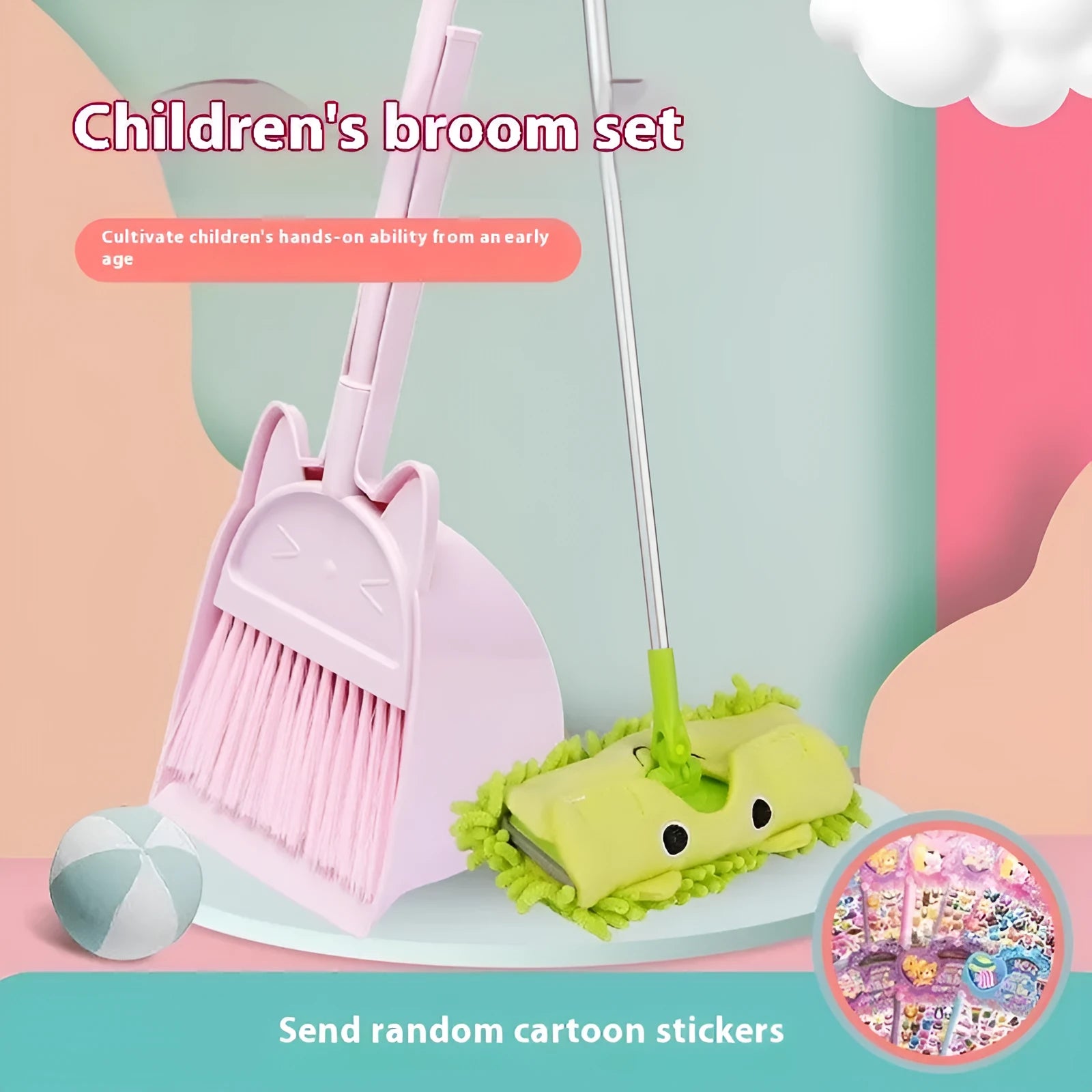 Purple broom and dustpan set with rotating brush holder on white background