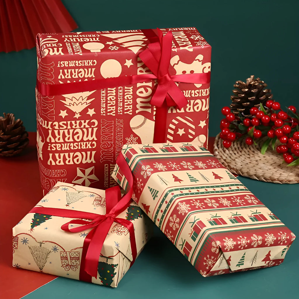 Thickened Christmas wrapping paper sheet 50x70cm in kraft paper with festive snowflake and reindeer designs