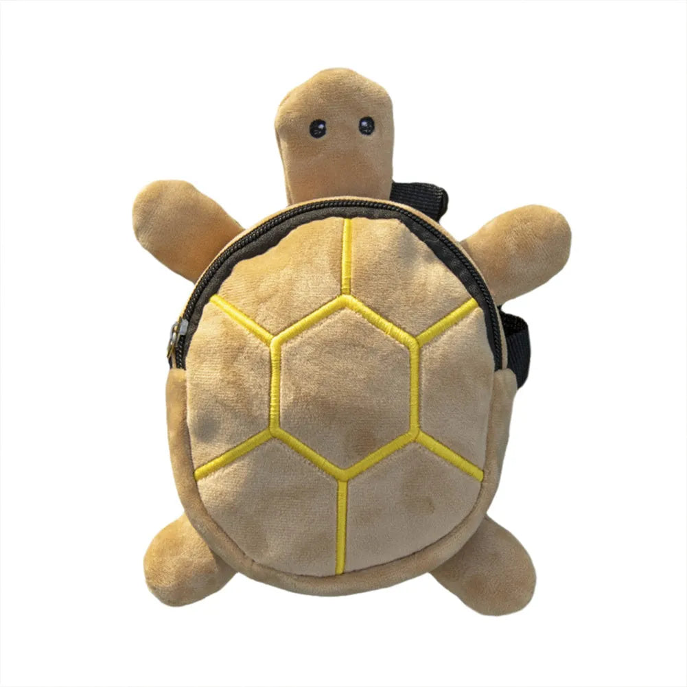 Brown turtle-shaped velvet dog backpack harness with storage compartment and metal zipper