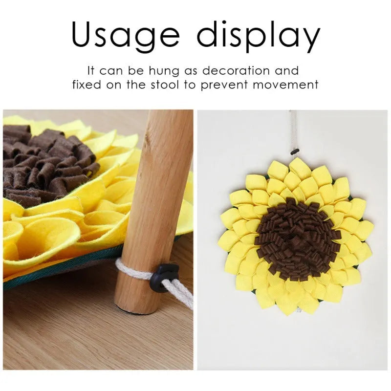 Yellow sunflower-shaped dog snuffle mat with rope attachment for nosework training