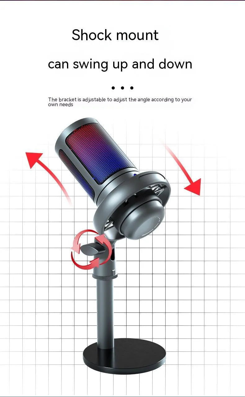 RGB condenser USB microphone in black, white, or pink colour with a 150cm cable.