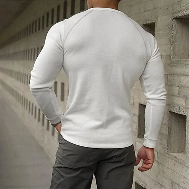 Men's white cotton blend Henry collar long-sleeved t-shirt on hanger