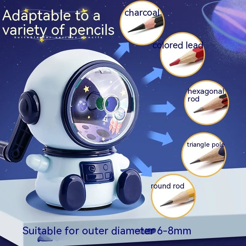 Cartoon astronaut themed manual pencil sharpener with adjustable settings and anti-jam mechanism