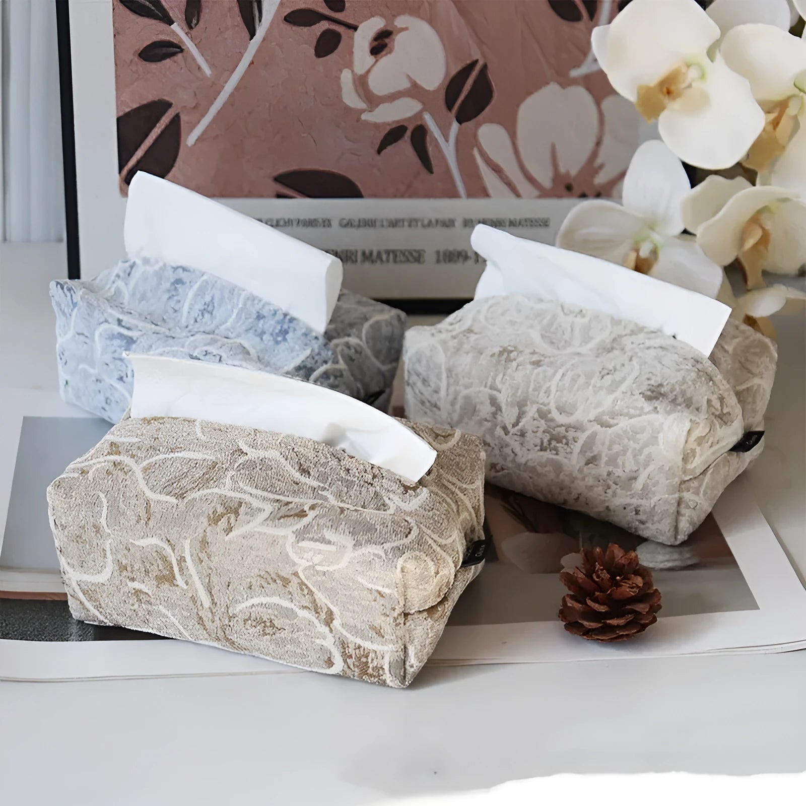 Chinese pastoral style cotton fabric tissue box with rose pattern in beige, blue, or brown colours
