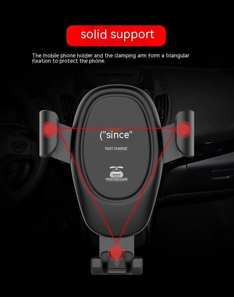 D12 black car wireless charger with air outlet clip, Type-C input, 9.8 x 4.6 x 11cm ABS body